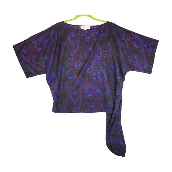 Michael Michael Kors Peacock Feather Purple‎ Tie Crop Boho Top Size Medium M - Picture 1 of 4